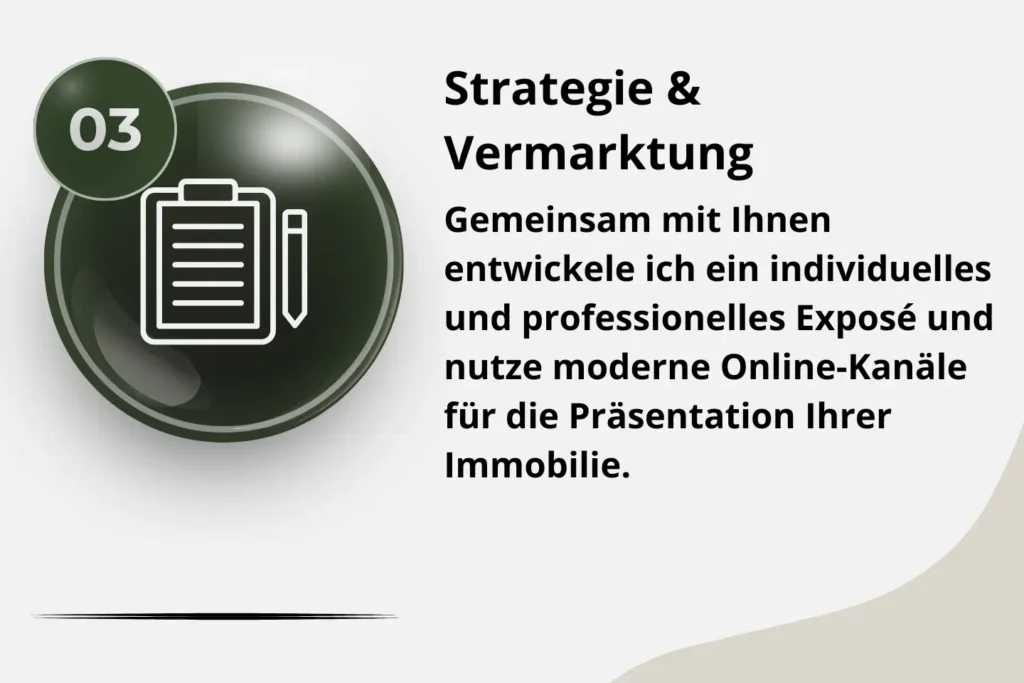Infografik Schritt 03: Strategie und Vermarktung im Immobilien-Verkaufsprozess mit Ihrem Immobilienmakler von Ostheide Immobilien. Darstellung der Zielgruppenanalyse und des Marketing-Mix.
