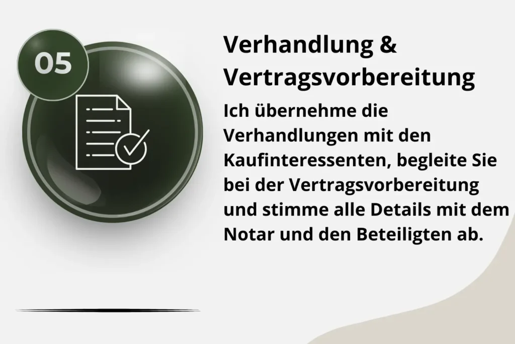 Infografik Schritt 05: Verhandlung und Vertragsvorbereitung, mit Ihrem Immobilienmakler von Ostheide Immobilien, im Immobilien-Verkaufsprozess. Details zu Kaufpreisverhandlungen, Bonitätsprüfung und Kaufvertragsentwurf.