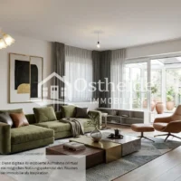 Digital möbliertes Wohnzimmer der Immobilie in Karwitz im modernen italienischen Stil mit Blick in Richtung des hellen Wintergartens.