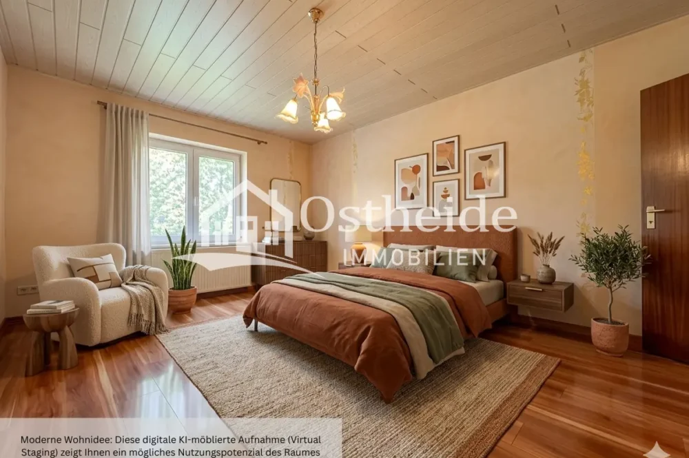 Digital möbliertes Schlafzimmer der Immobilie in Karwitz, gestaltet in einem warmen, modernen Stil mit harmonischen Braun- und Erdtönen.