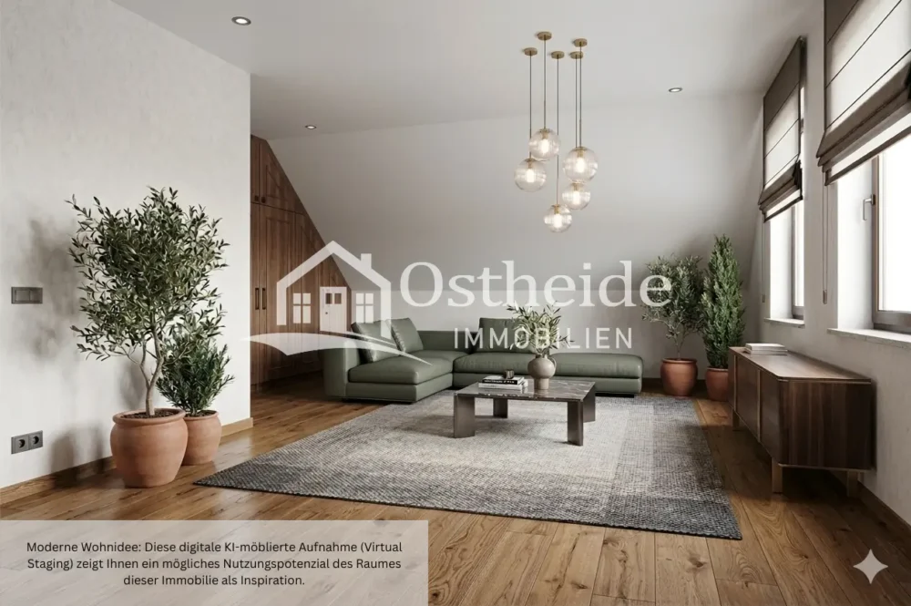 Digital möbliertes, ca. 30m² großes helles Zimmer im Obergeschoss der Immobilie in Karwitz, stilvoll eingerichtet als großzügiger Studio-Schlafbereich