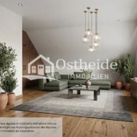 Digital möbliertes, ca. 30m² großes helles Zimmer im Obergeschoss der Immobilie in Karwitz, stilvoll eingerichtet als großzügiger Studio-Schlafbereich
